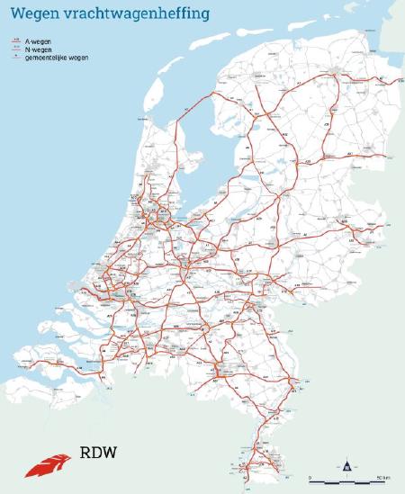 Kaart met wegen van de vrachtwagenheffing